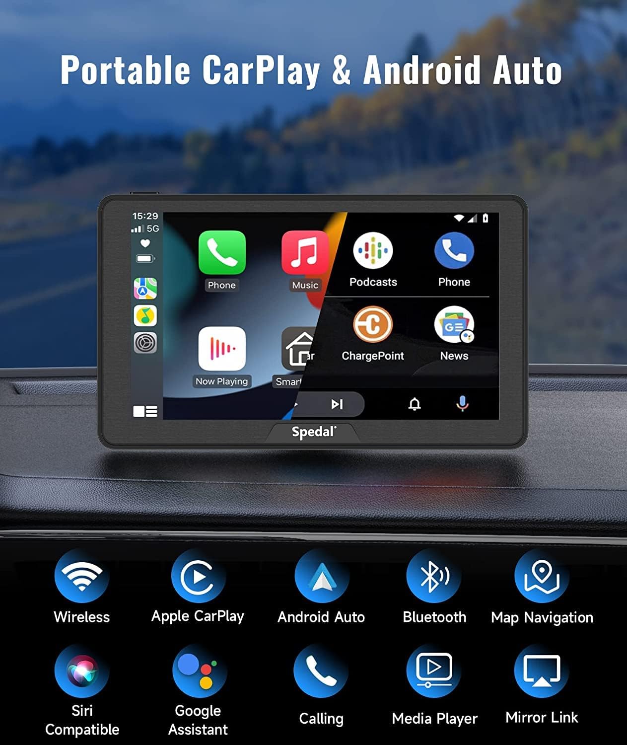 Spedal CL797 Dash Cam 7Inch  Wireless Apple Carplay Android Auto Portable IPS Touchscreen  with Voice Control Bluetooth AirPlay