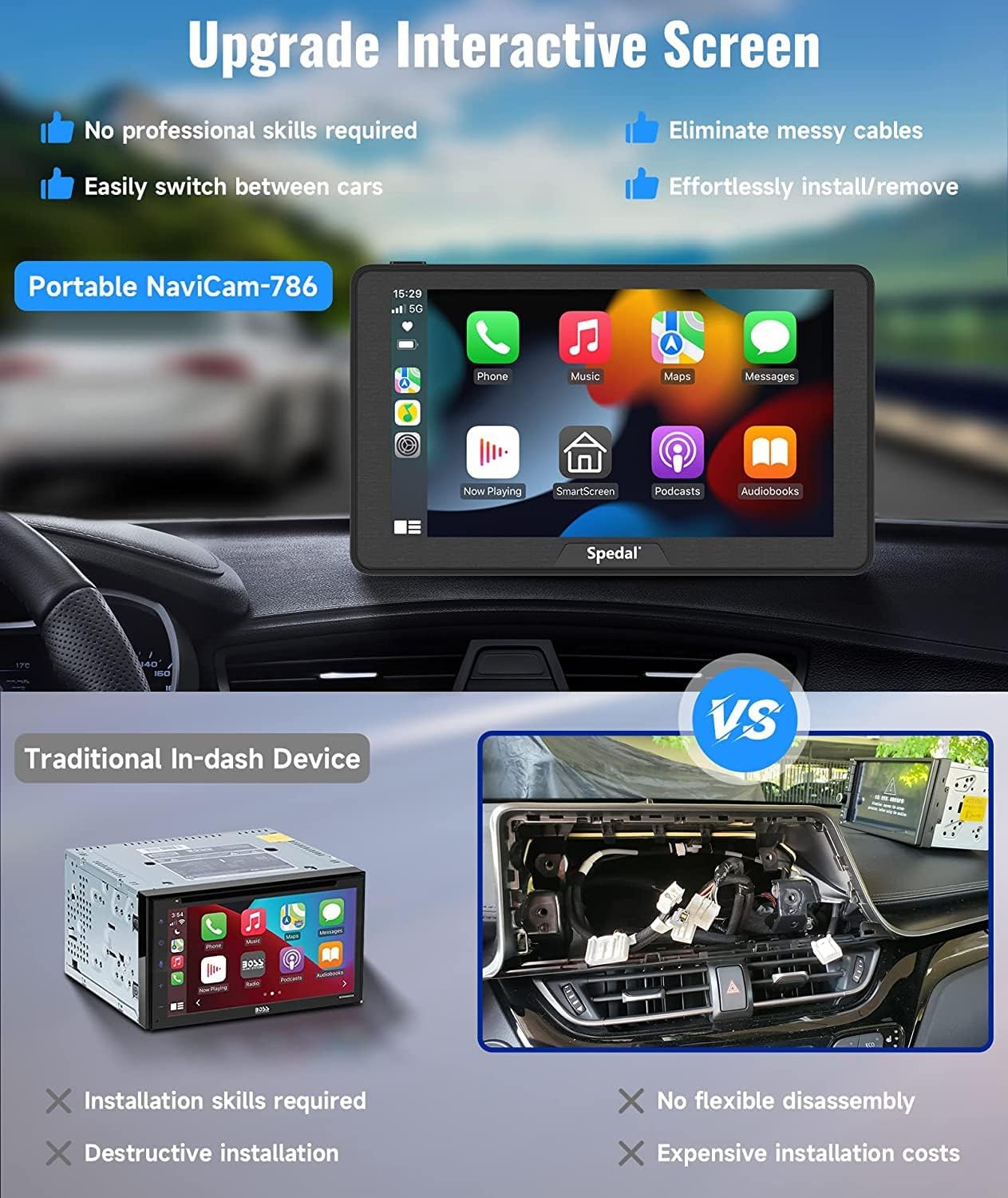 Spedal 786 Car Screen 7" IPS Touchscreen Multimedia Player Portable Car Stereo with Wireless CarPlay and Android Auto